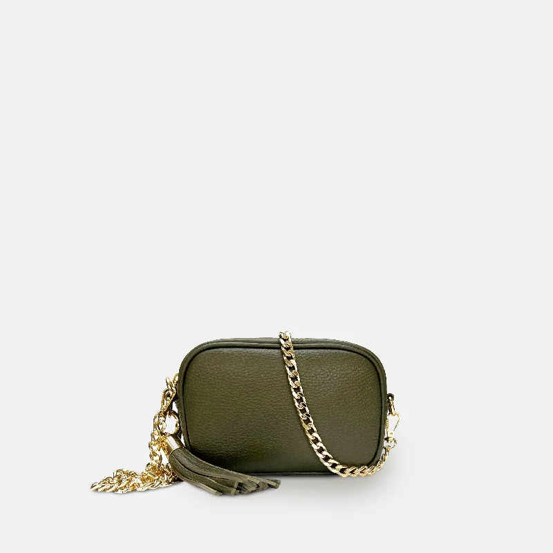 The Mini Tassel Olive Green Leather Phone Bag With Gold Chain Crossbody Strap