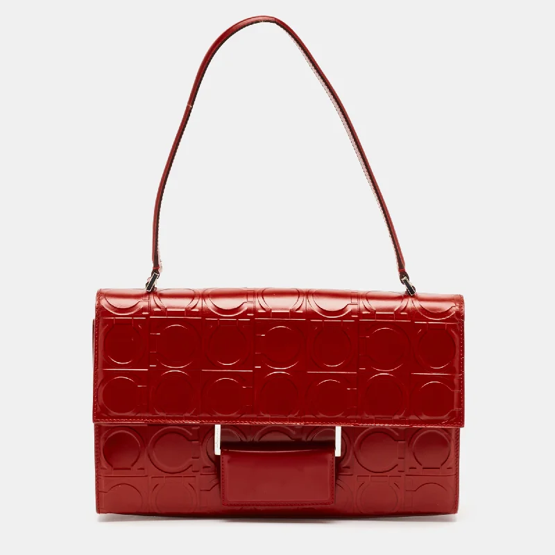 Salvatore Ferragamo Red Gancini Embossed Leather Shoulder Bag