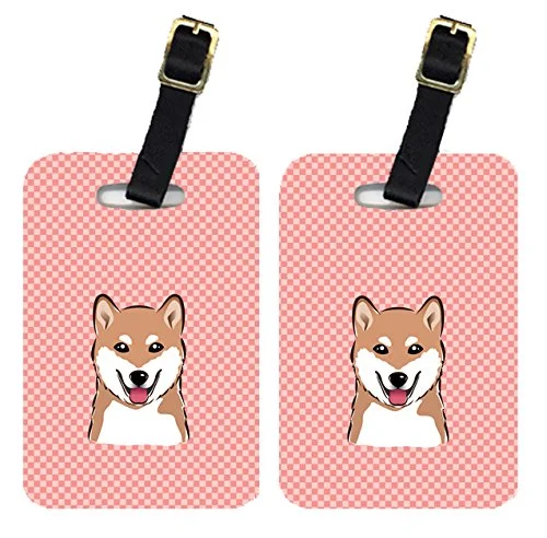 Caroline's Treasures BB1225BT Pair of Checkerboard Pink Shiba Inu Luggage Tags, Large, multicolor