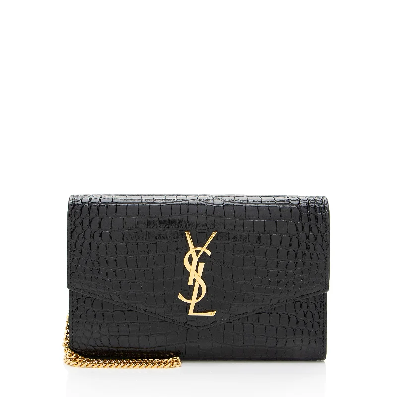 Saint Laurent Croc Embossed Leather Monogram Uptown Chain Wallet