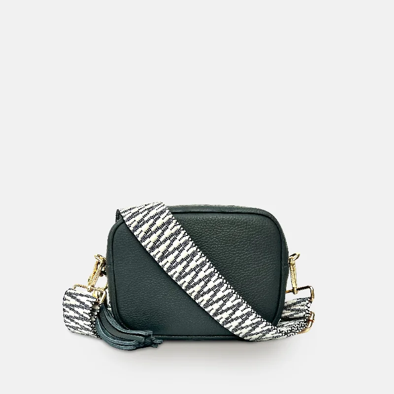 Dark Grey Leather Crossbody Bag With Midnight Zigzag Strap