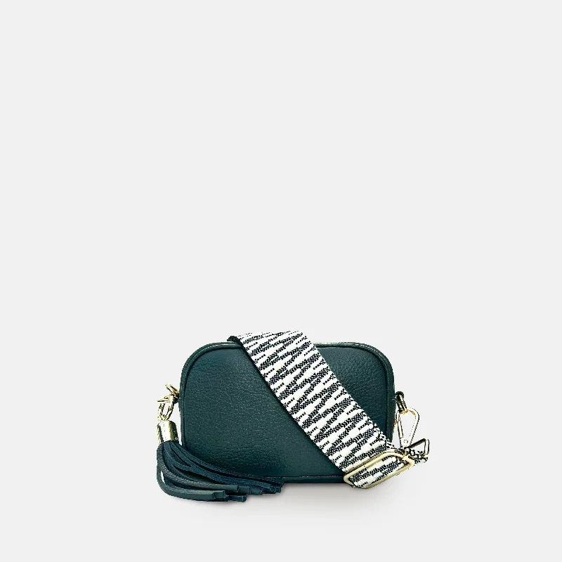 The Mini Tassel Dark Grey Leather Phone Bag With Midnight Zigzag Strap