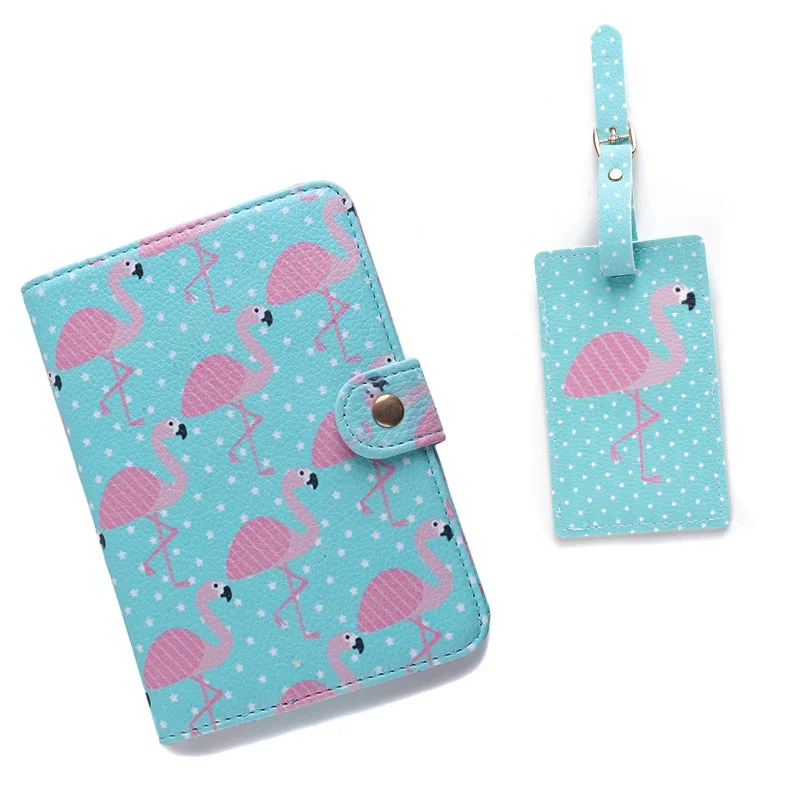 2PCS/Set PU Holder Women Travel Passport Cartoon Passport Cover ID Credit Card Flamingo Luggage Tag