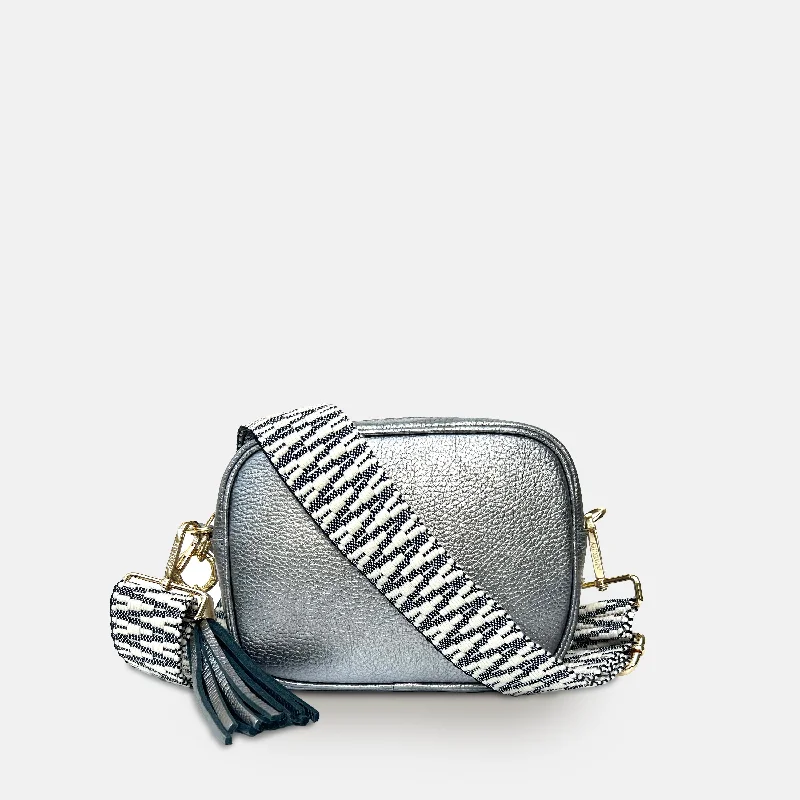 Pewter Leather Crossbody Bag With Midnight Zigzag Strap