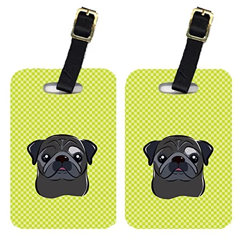 Caroline's Treasures BB1325BT Pair of Checkerboard Lime Green Black Pug Luggage Tags, Large,