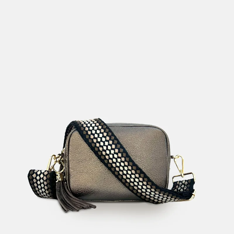 Bronze Leather Crossbody Bag With Cappuccino Dots Strap