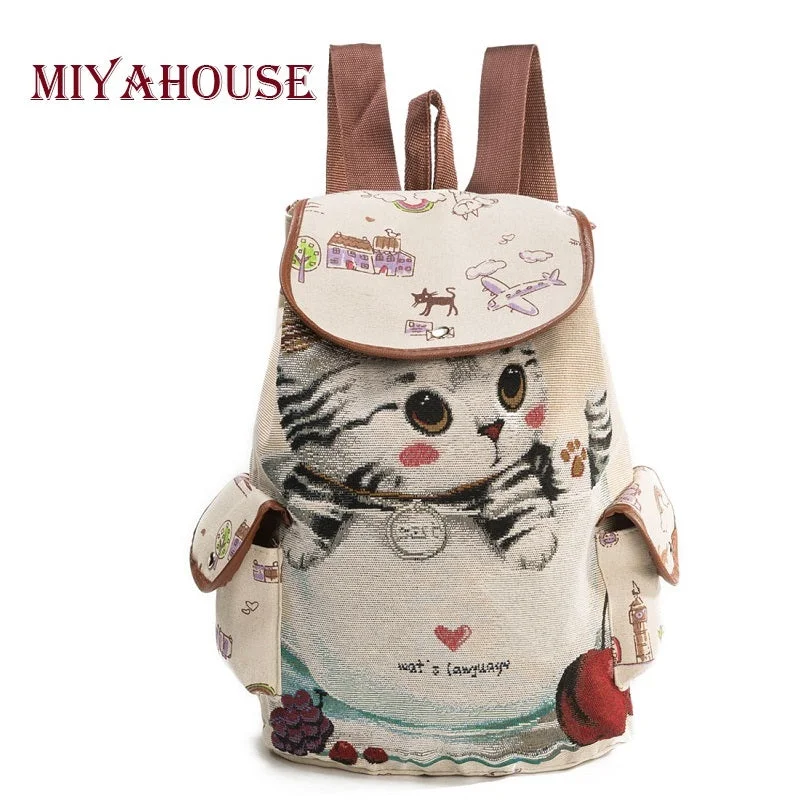 Miyahouse Casual Canvas School Backpack Women Lovely Cat Printed Drawstring Backpack Teenager Large