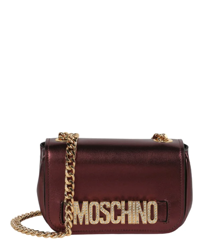 Metallic Leather Crystal-Embellished Logo Crossbody Bag