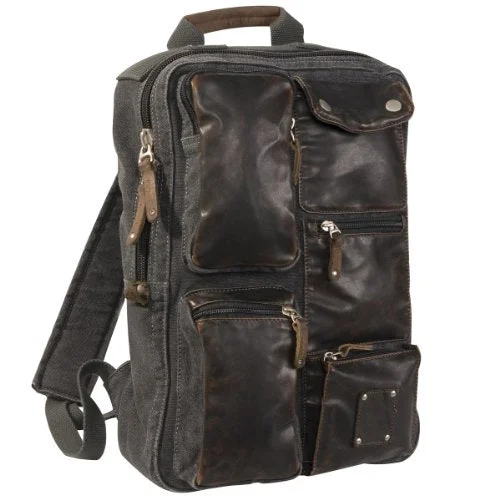 Stylish Washed Canvas Backpack W/Leather Trim, 0830 Black