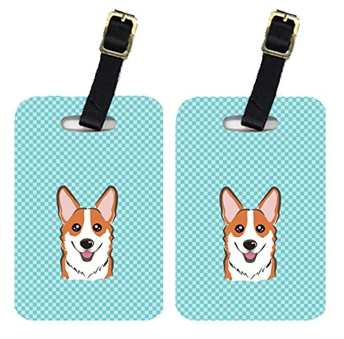 Caroline'S Treasures Bb1192Bt Pair Of Checkerboard Blue Corgi Luggage Tags , Large, Multicolor